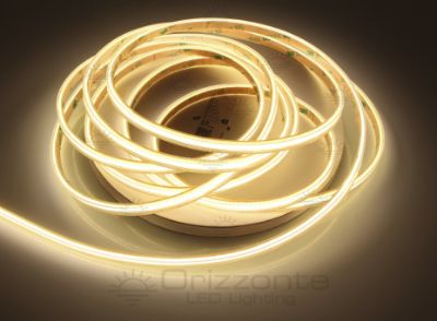 Immagine di Striscia led COB 5m bianco caldo 3000K CRI Ra>93 400led/m 24V PCB 5mm 10W/m, IP65 tubo di silicone estruso bordi pieni interno vuoto